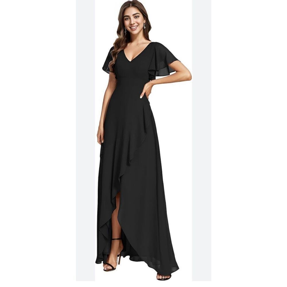 NWT Ever-Pretty Women's Dress  Double V Neck A Line Ruffle Hem Backless Blue L